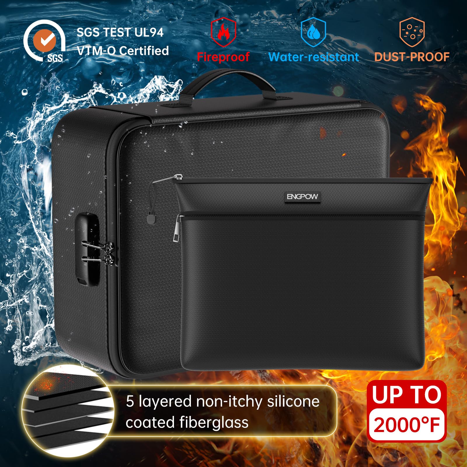 ENGPOW fireproof bag secure zipper and code lock enhance safety.