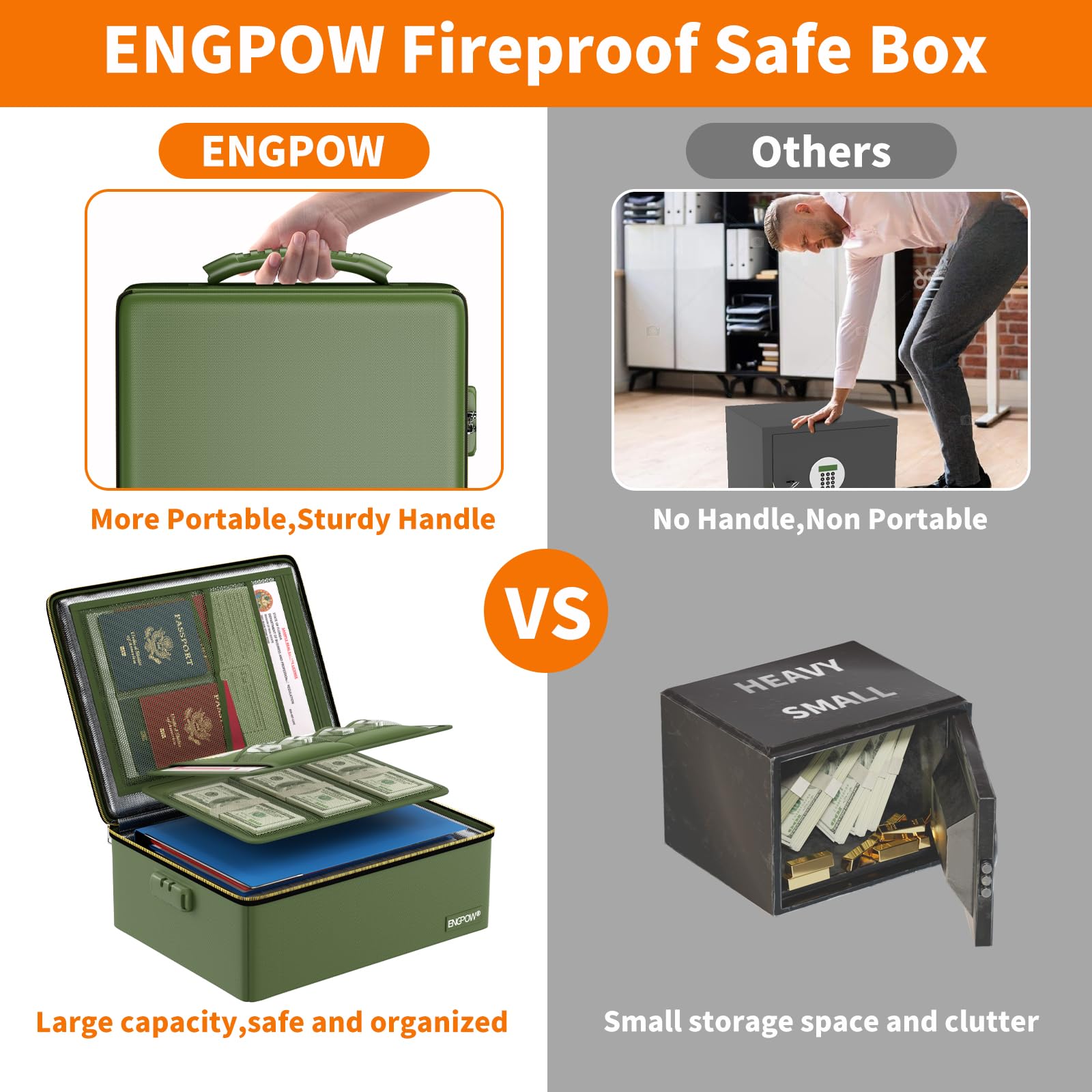 ENGPOW fireproof box outside dimensions indicating generous capacity.