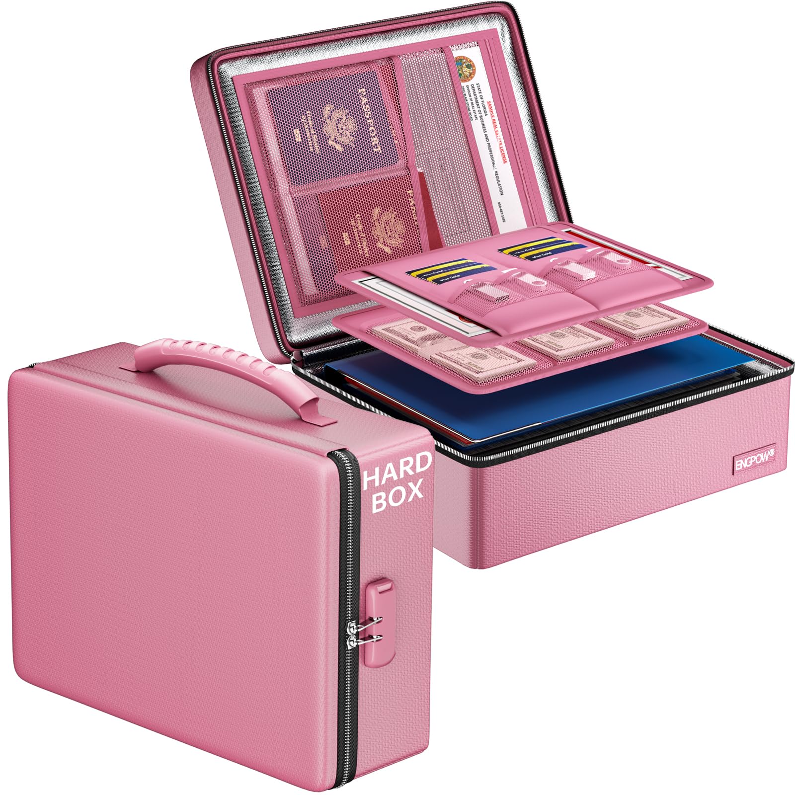 ENGPOW fireproof box front view in pink, portable design for quick grabbing