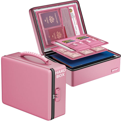 ENGPOW fireproof box front view in pink, portable design for quick grabbing