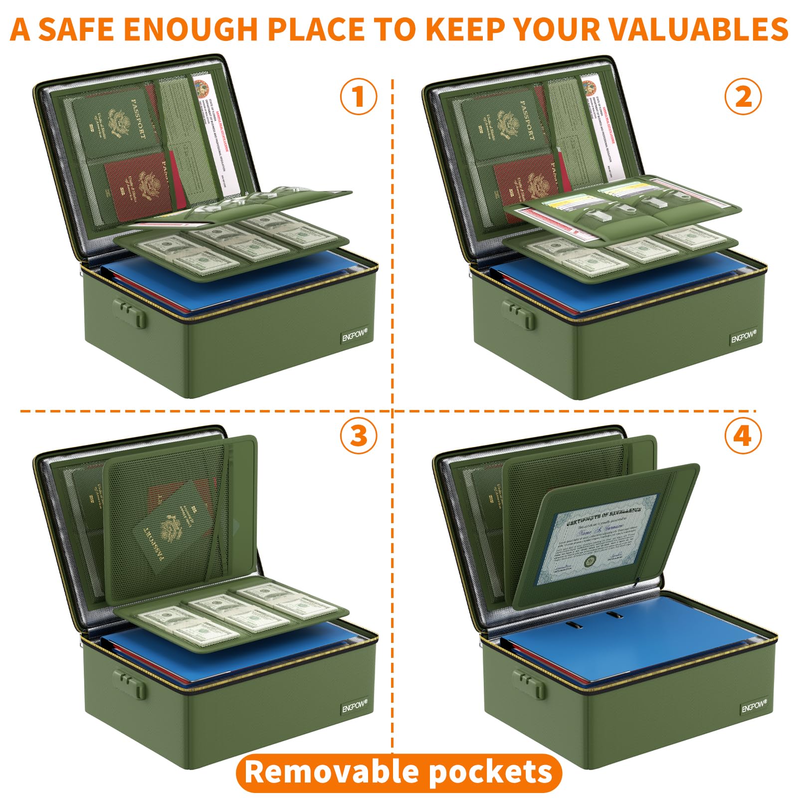 ENGPOW fireproof box main compartment organized space for documents and media.