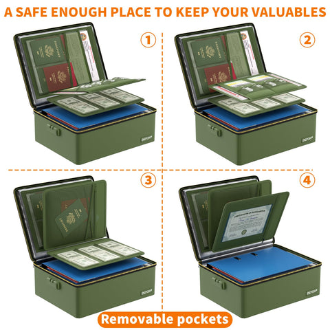 ENGPOW fireproof box main compartment organized space for documents and media.
