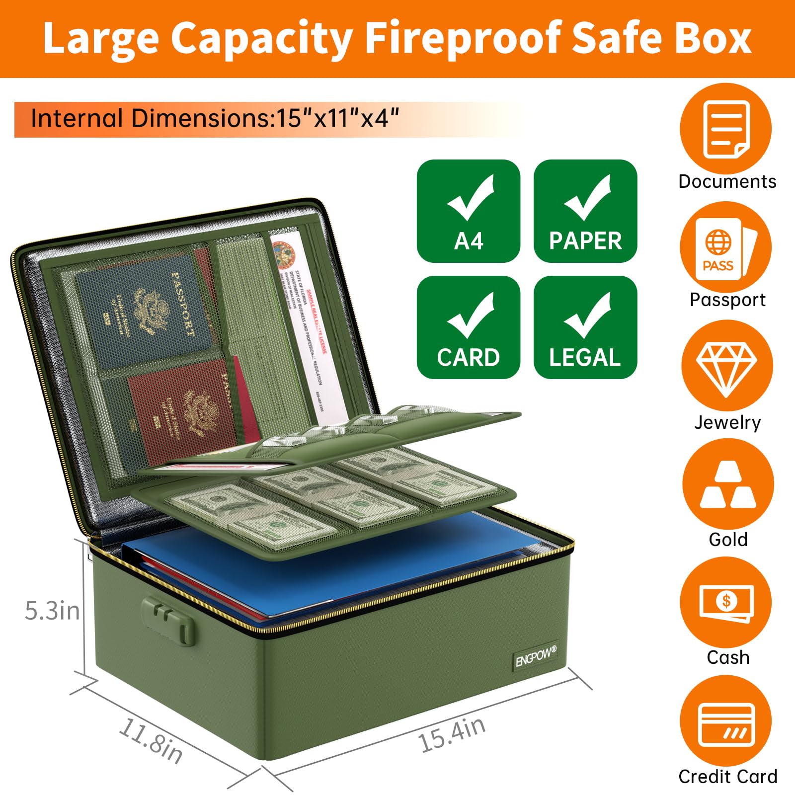 ENGPOW fireproof box mesh pockets help separate cash, cards, and USB drives.