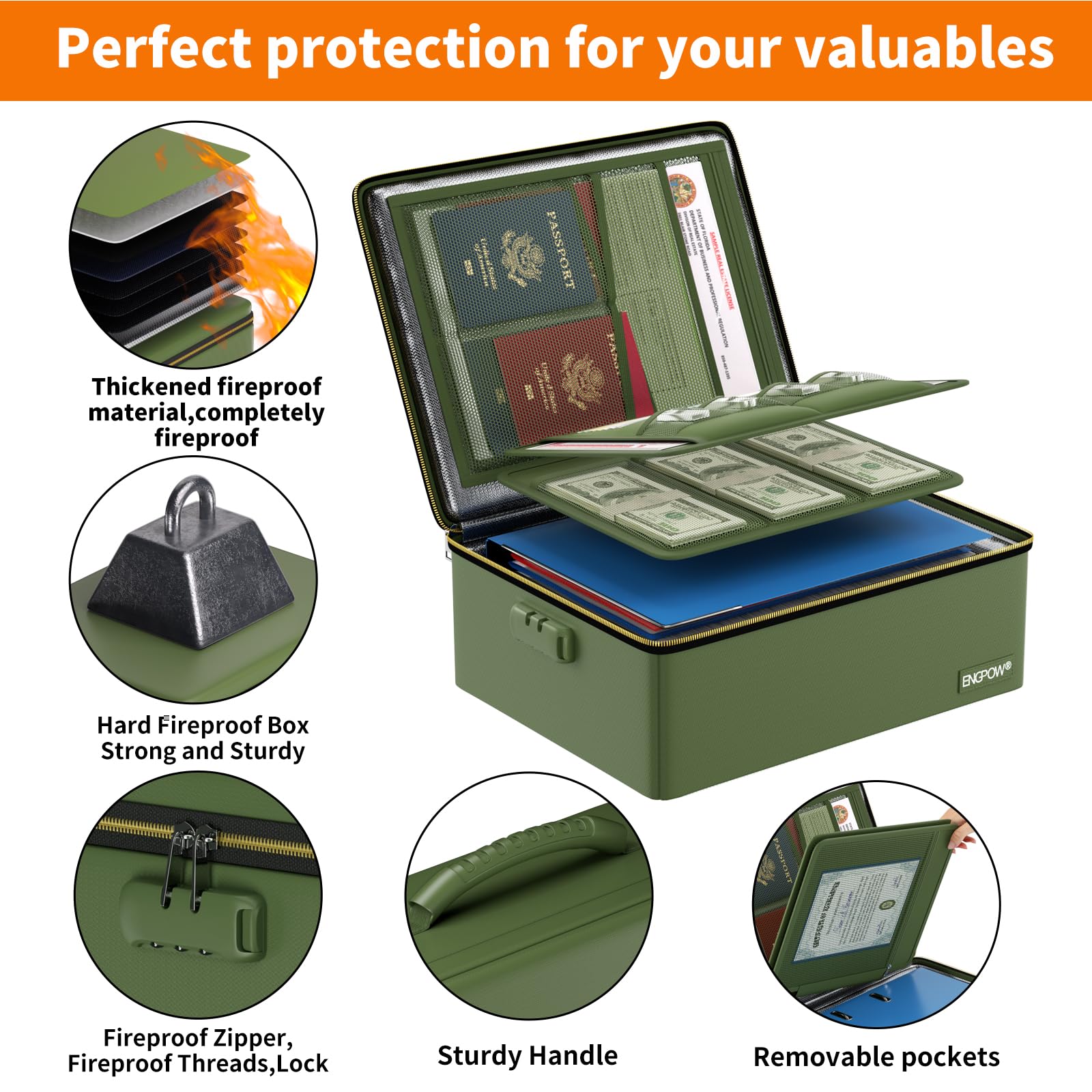 ENGPOW fireproof box portable handle for grab-and-go convenience.