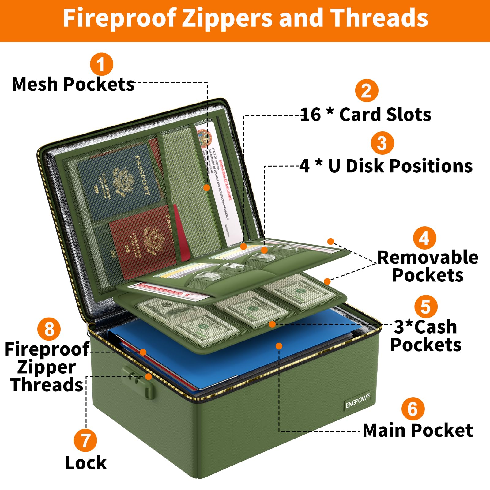 ENGPOW fireproof box water-resistant cover protecting contents from moisture.