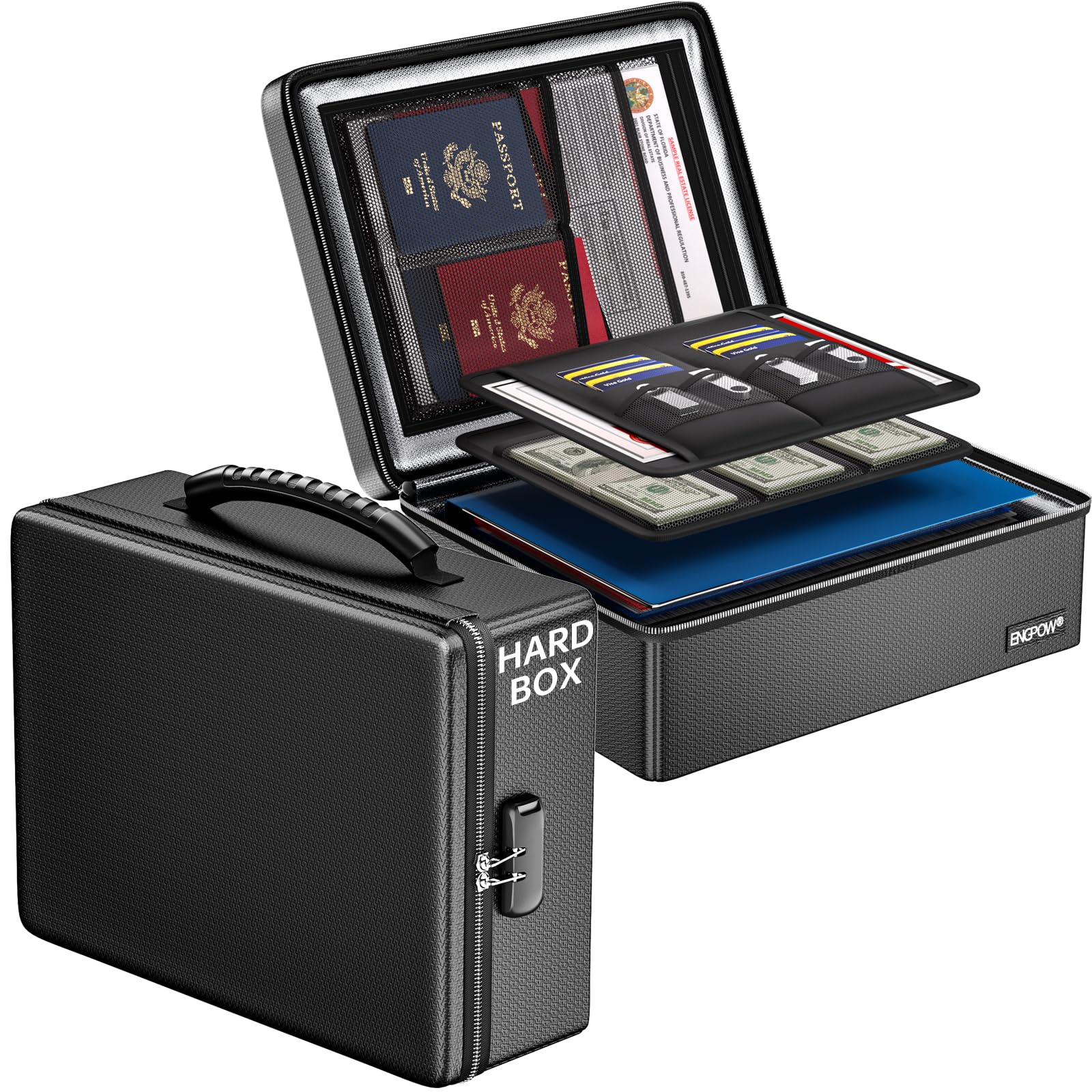 ENGPOW Fireproof Document Box front view highlighting robust build for reliable protection.