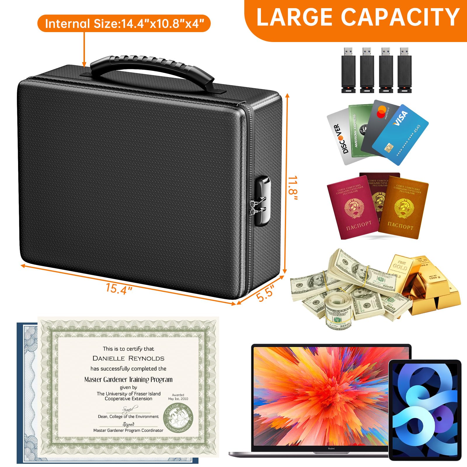 ENGPOW Fireproof Box open with mesh pockets showcases versatile storage options for papers and cards.