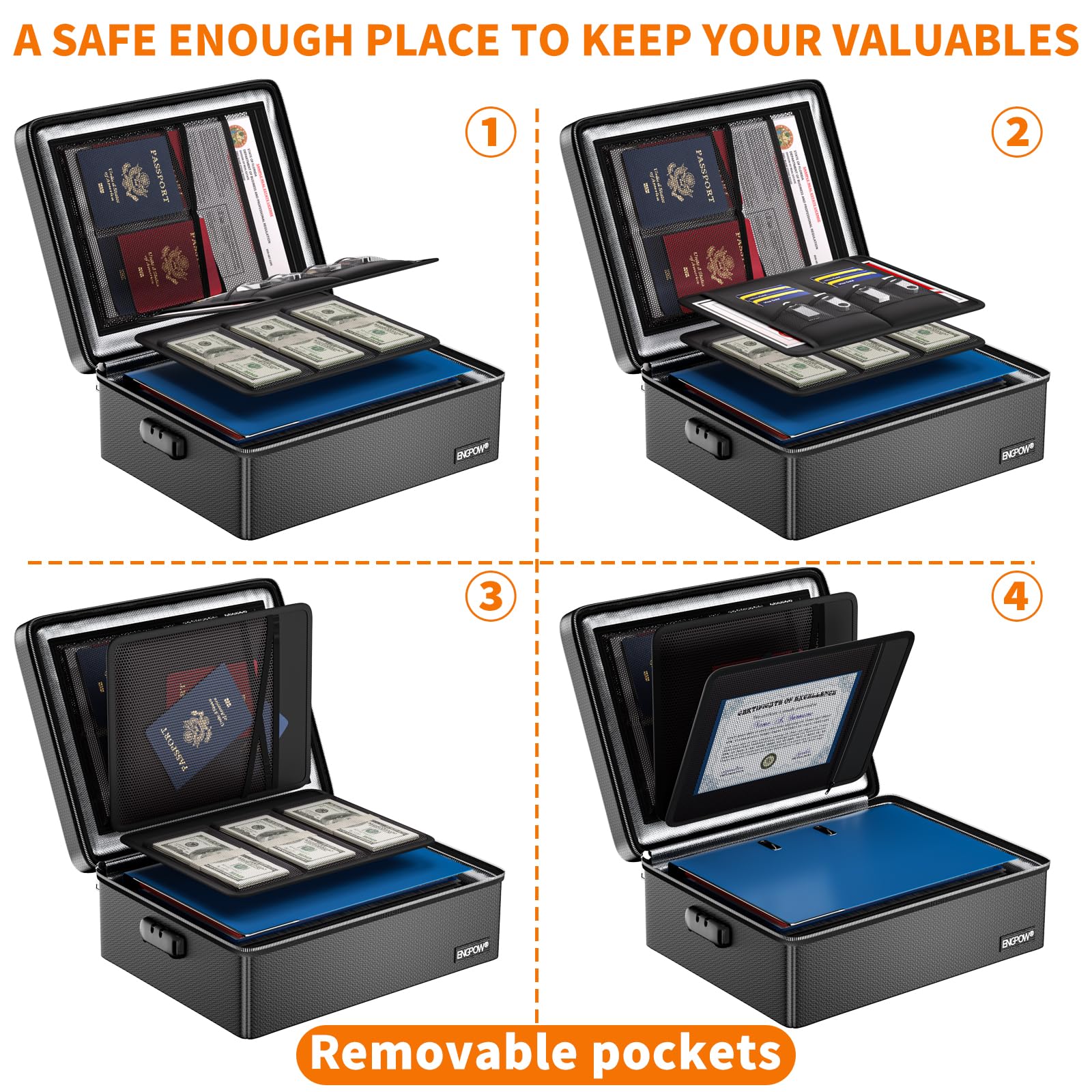 ENGPOW Fireproof Box in office setup demonstrates safe desk-side document storage.