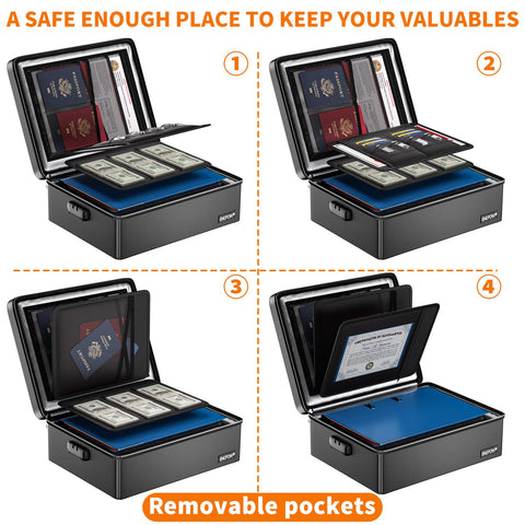 ENGPOW Fireproof Box in office setup demonstrates safe desk-side document storage.