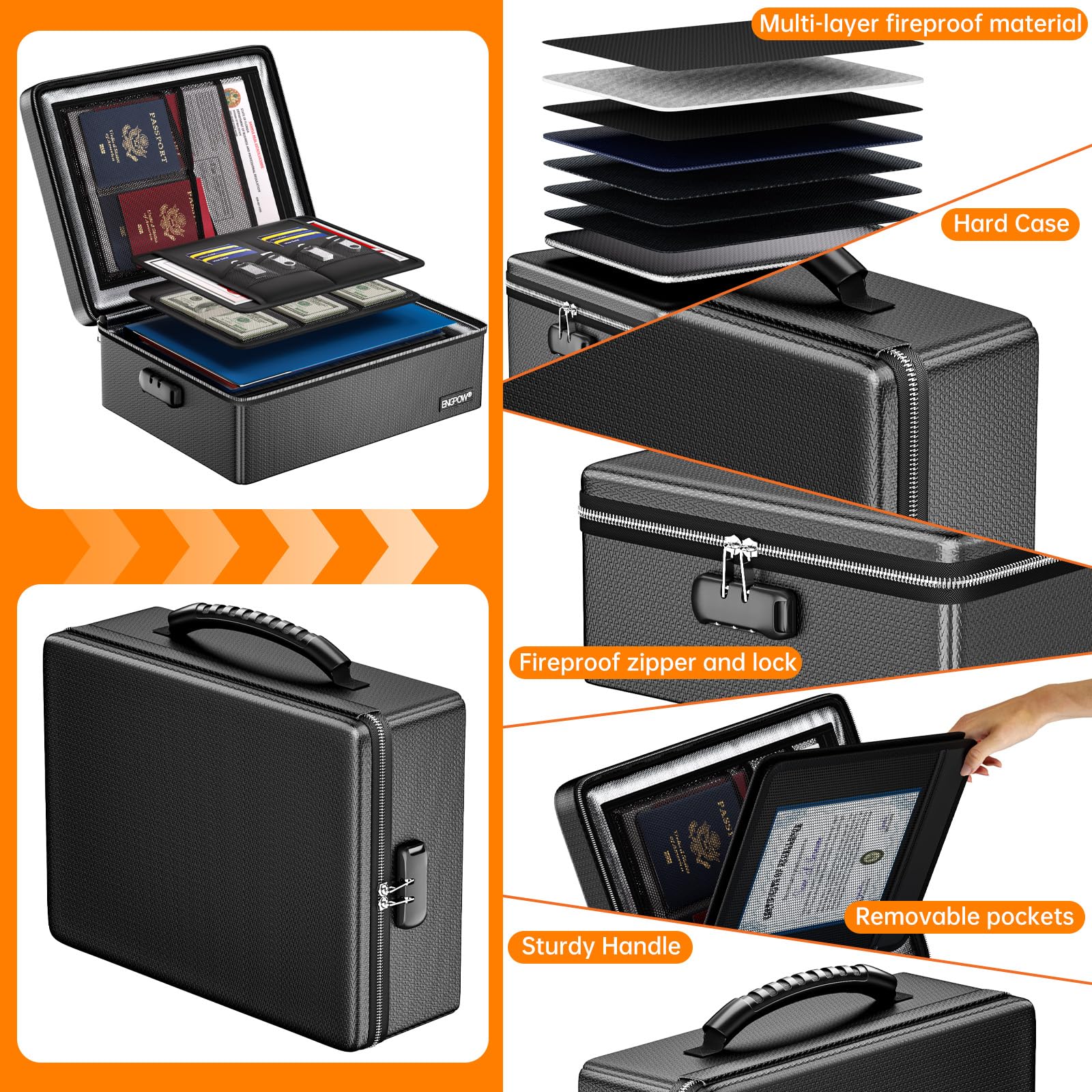 ENGPOW Fireproof Box in car trunk context emphasizes portable, travel-friendly protection.