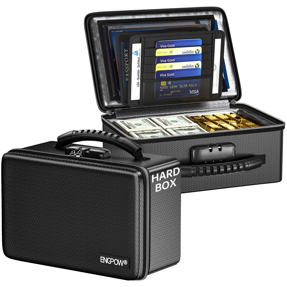 ENGPOW Fireproof Money Box front view showing compact protection for valuables