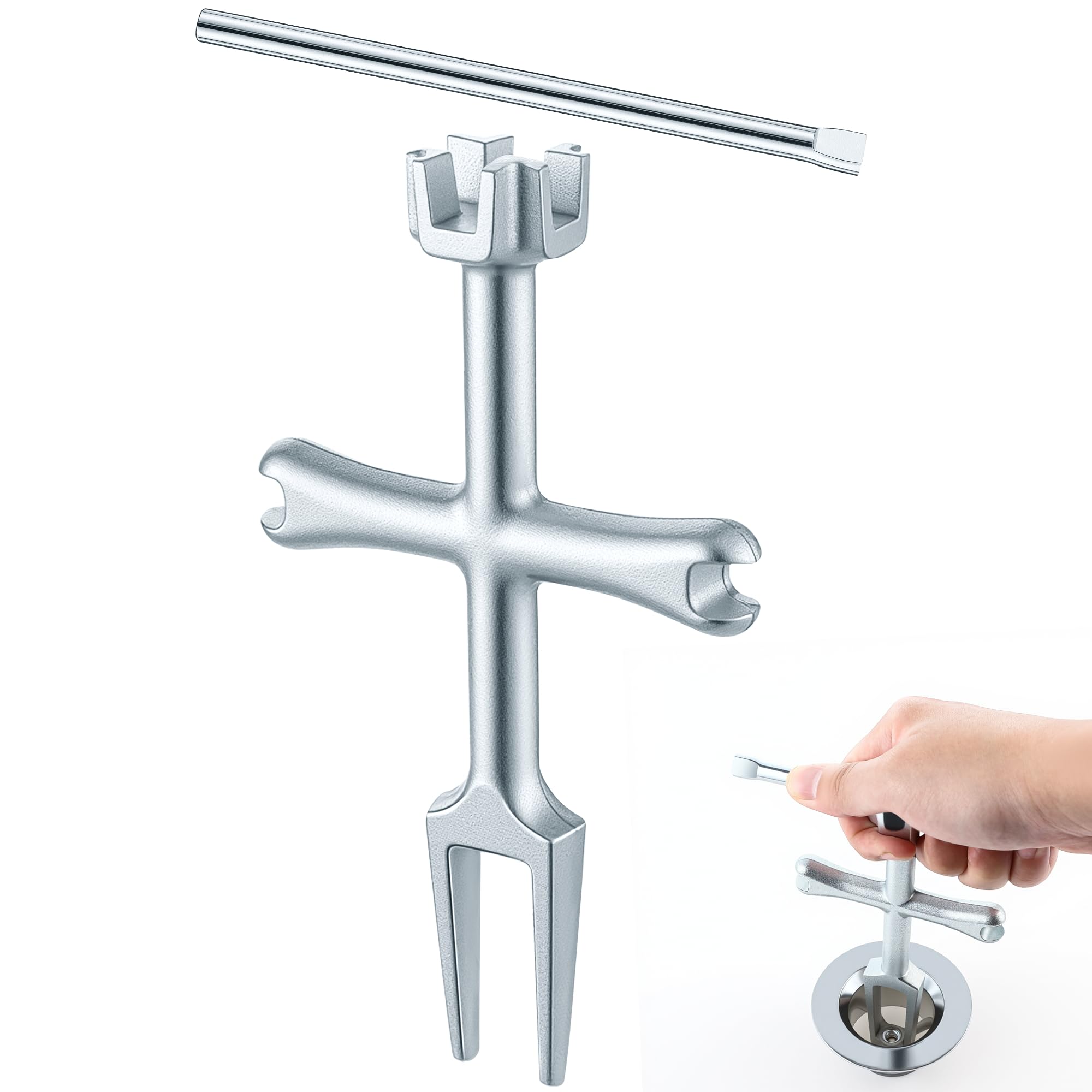 Enhon 4-sided drain wrench demonstrates universal fit for tub drains.