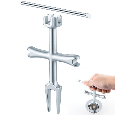Enhon 4-sided drain wrench demonstrates universal fit for tub drains.