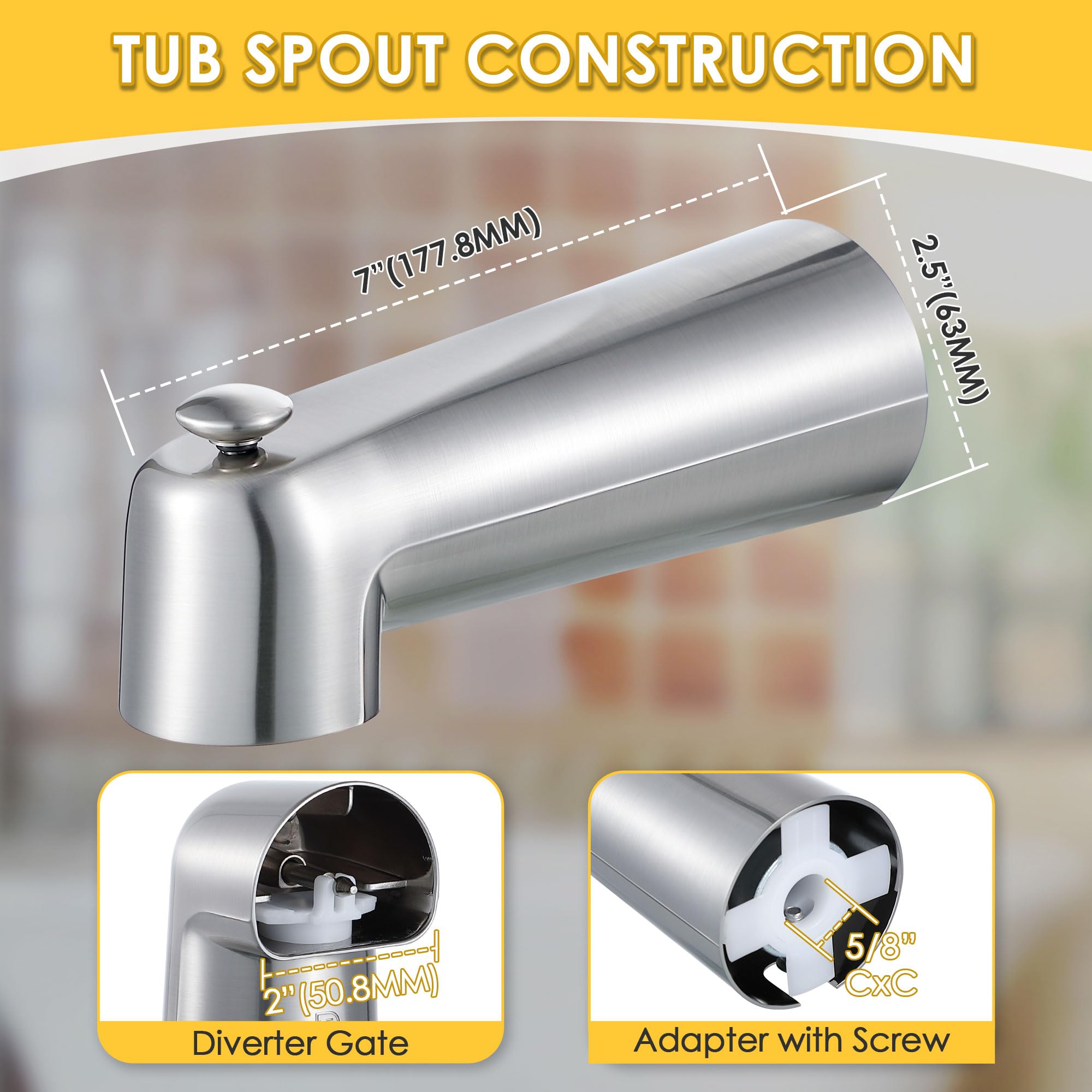 Enhon brushed-nickel finish tub spout adds rust-resistance and style.