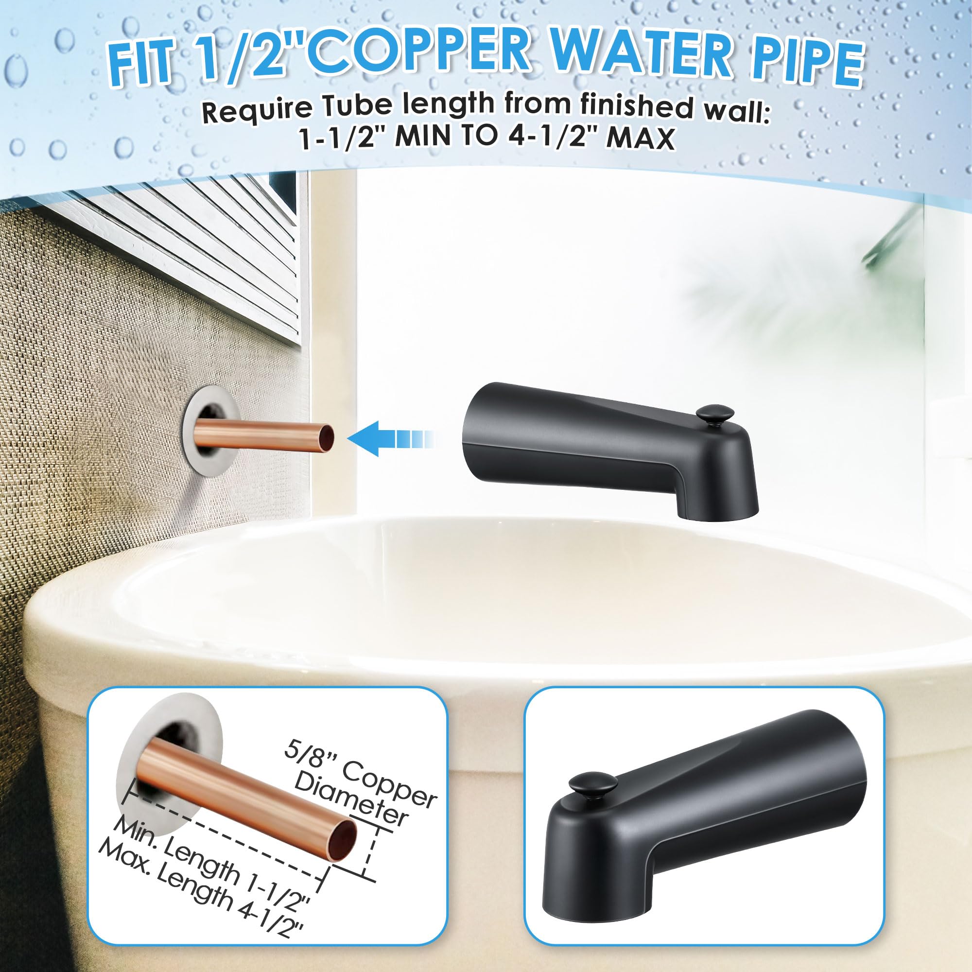 Diverter knob directs water flow between tub and shower.