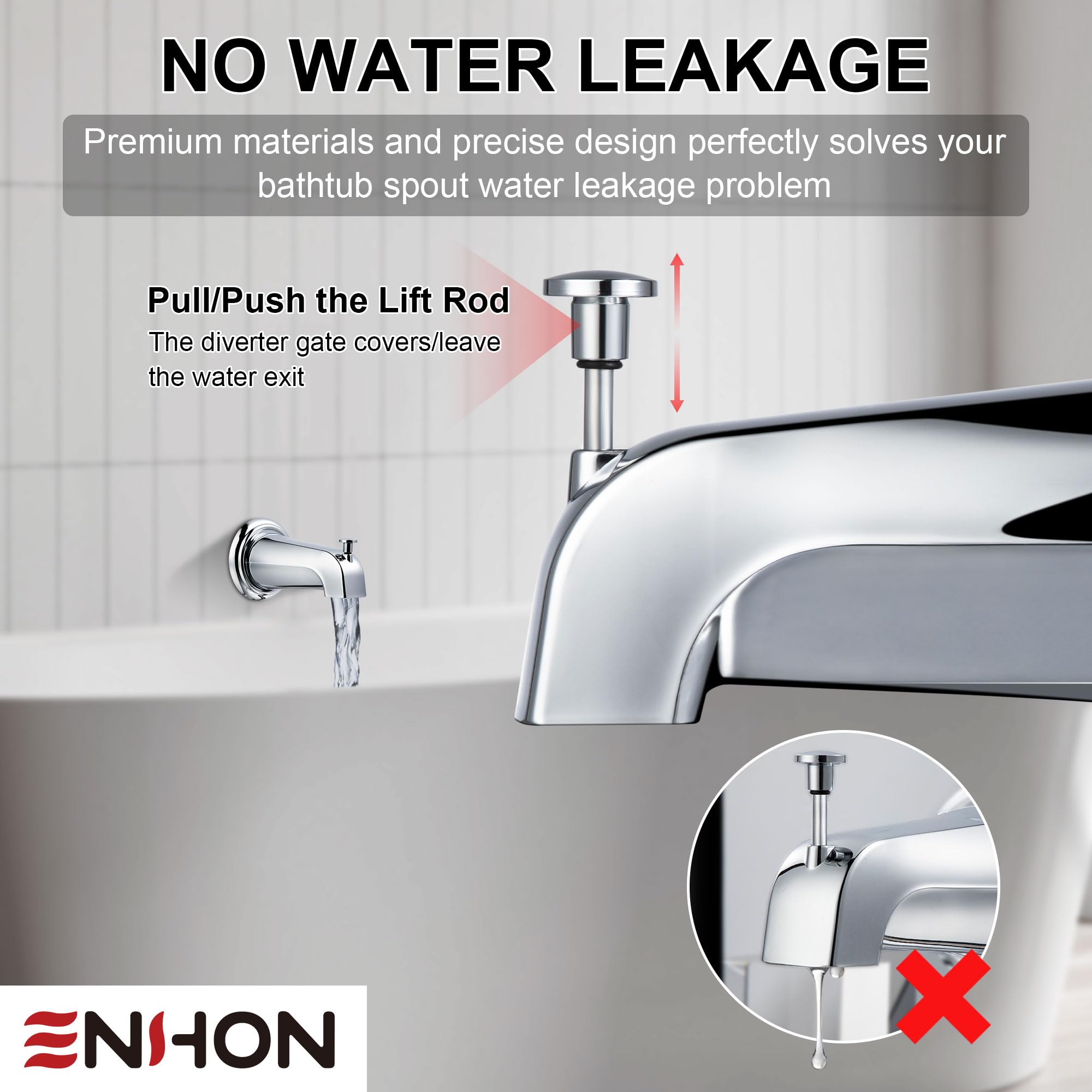 Enhon diverter tub spout chrome finish enables easy shower-to-bath switching