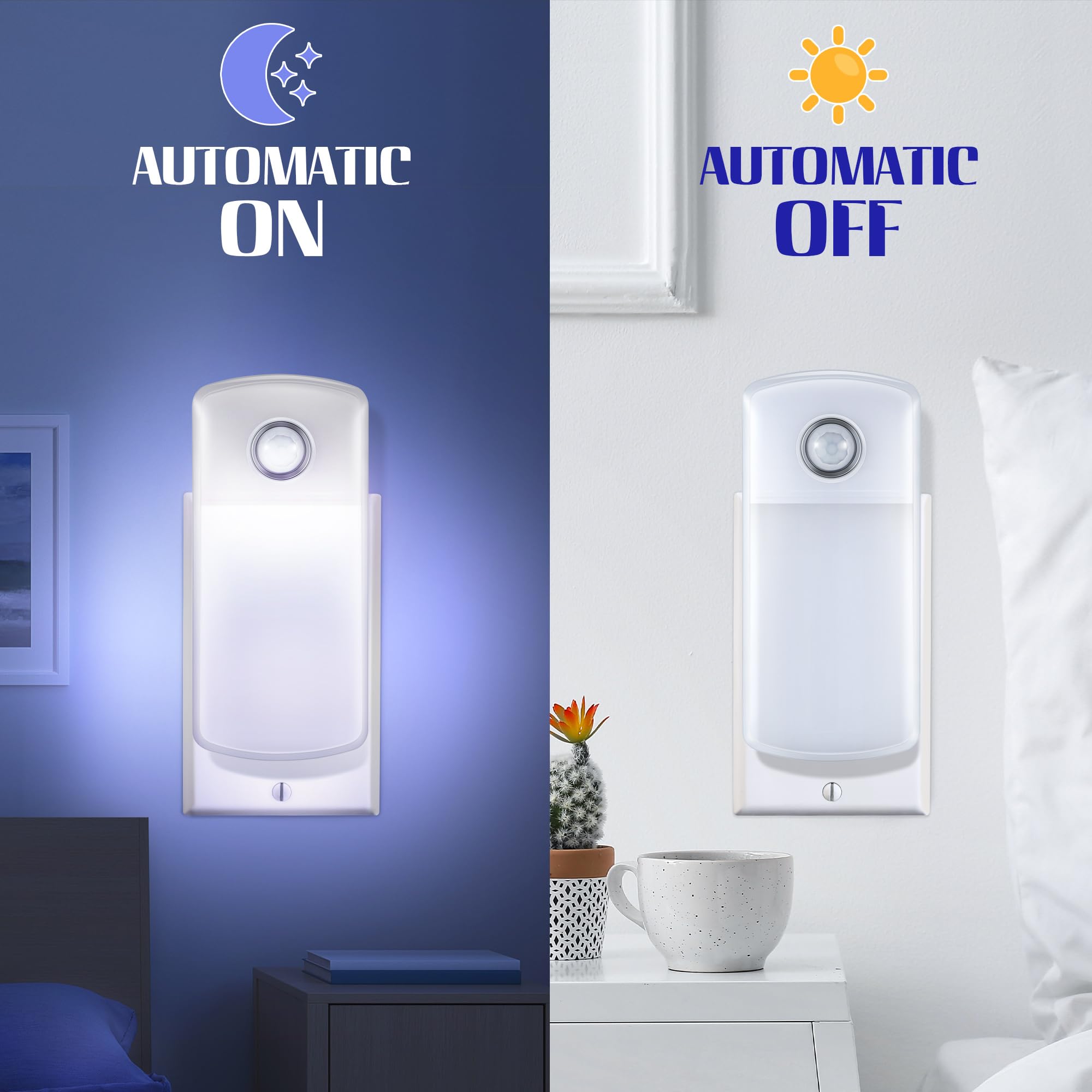 Dusk-to-dawn and motion sensors activate the Enhon night light.