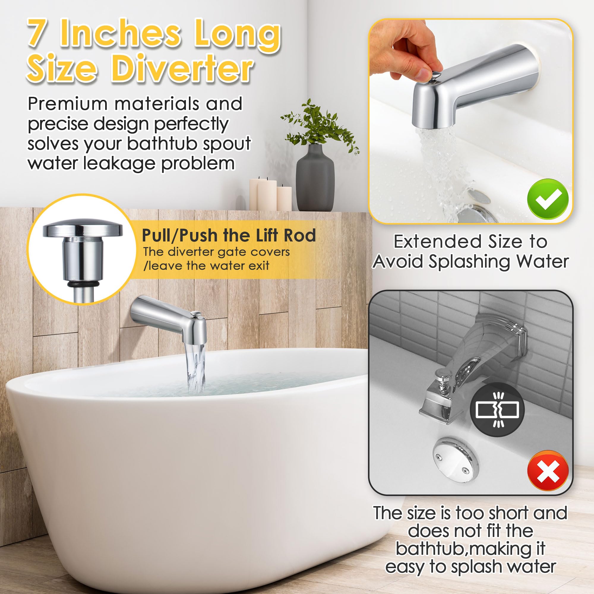 Enhon extended seven-inch spout directs water smoothly for tub or shower use.