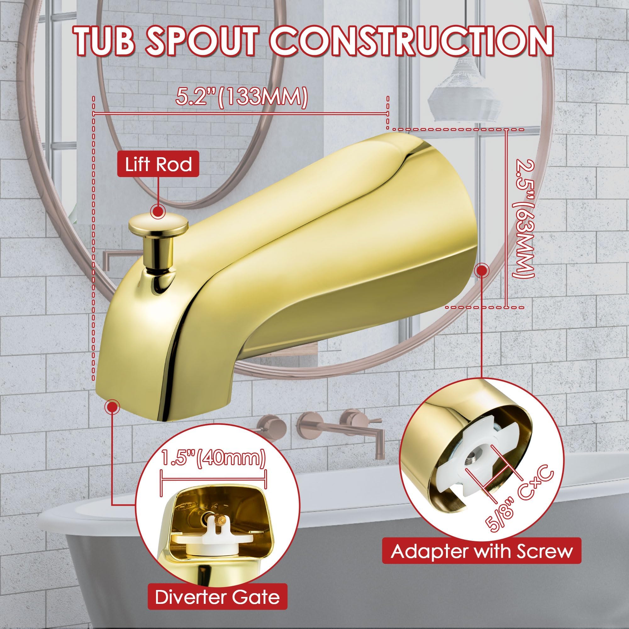 Enhon polished brass finish tub spout adds corrosion resistance and luxury
