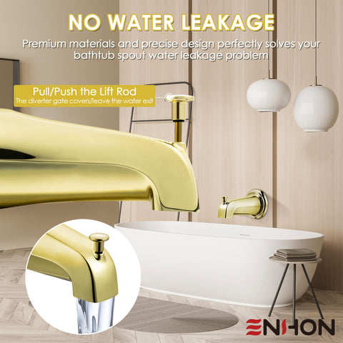 Enhon polished brass finish tub spout adds durable, stylish bath aesthetics.