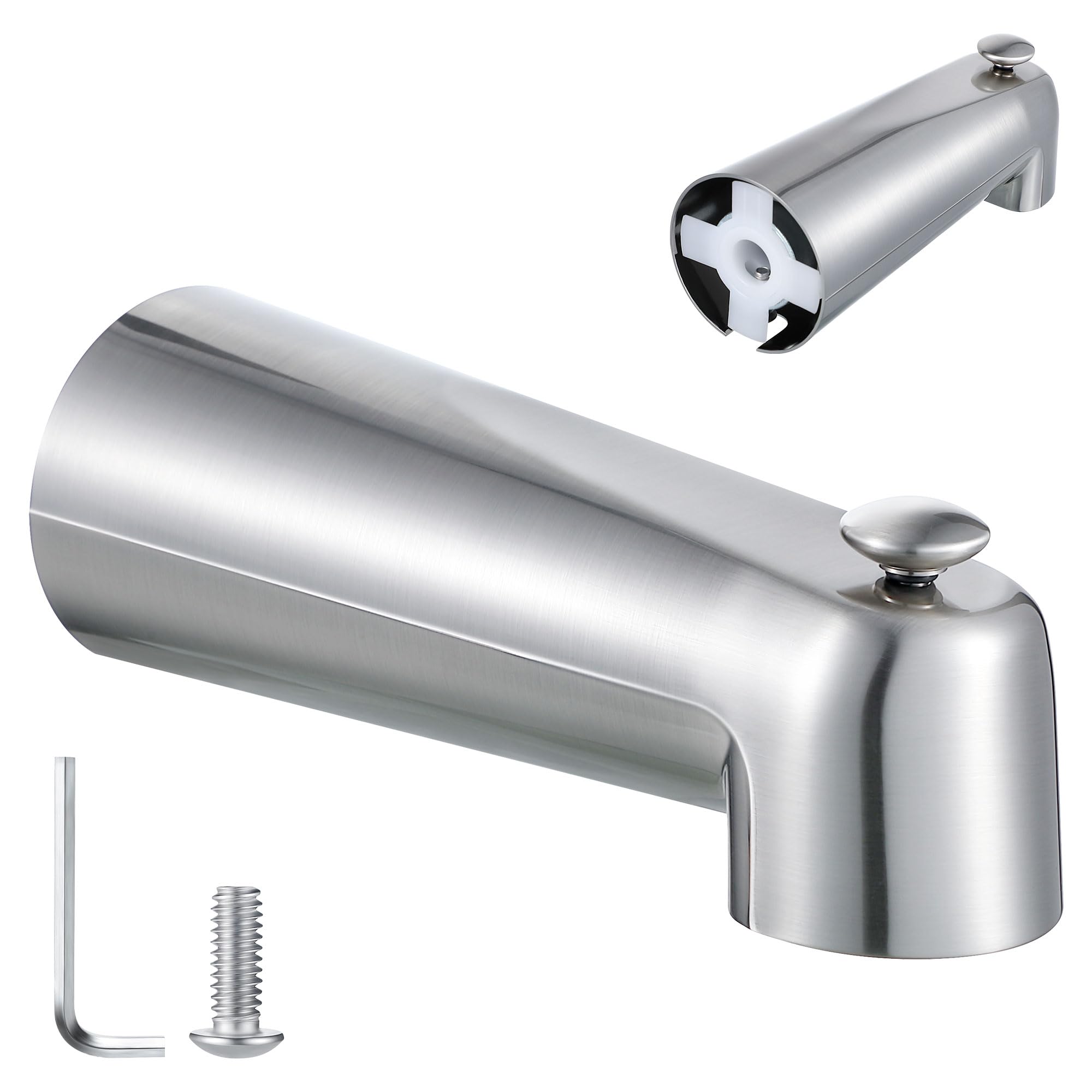 Enhon slip-on tub spout with diverter shown, easy installation and Moen compatibility.