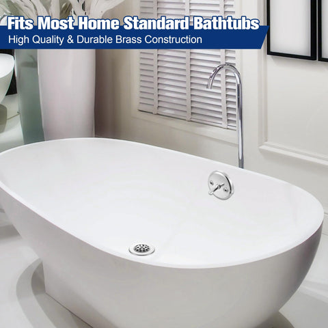 Enhon trip lever mechanism with adjustable height adapts to many tub setups.