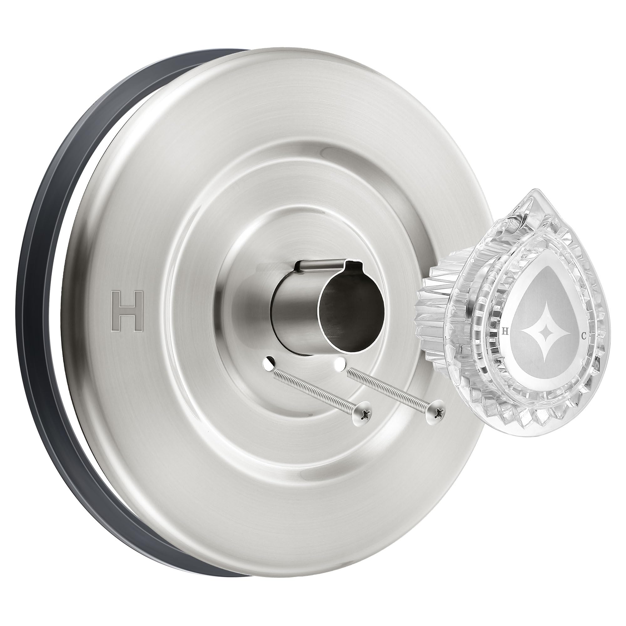 Enhon escutcheon in brushed nickel adds modern style and durability.