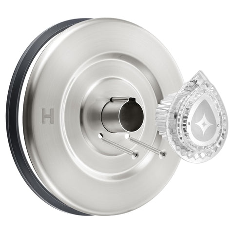Enhon escutcheon in brushed nickel adds modern style and durability.