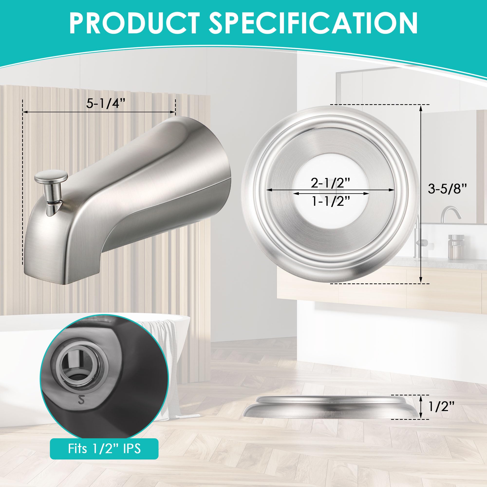 Enhon tub spout cover ring close-up shows seamless brushed nickel coverage and gaps hiding.