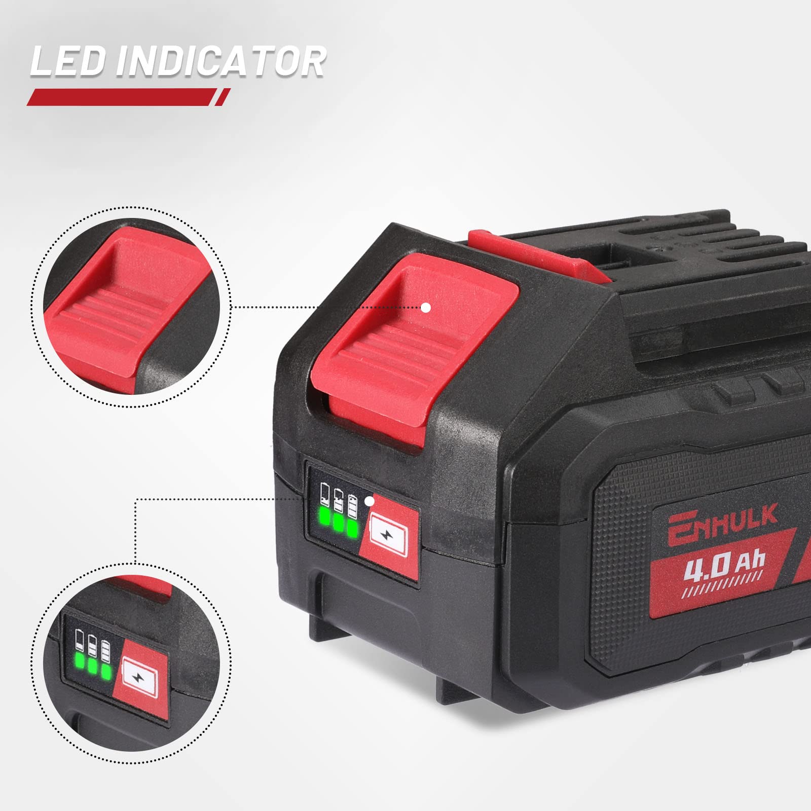 Enhulk 20V battery LED indicator shows charge level at a glance.