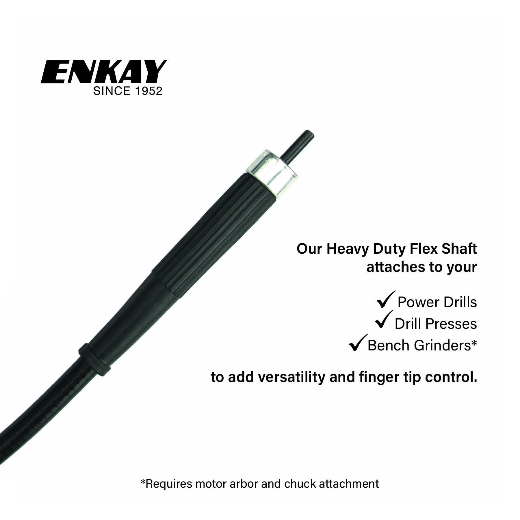 ENKAY flex shaft mounted on drill shows secure mandrel insertion.