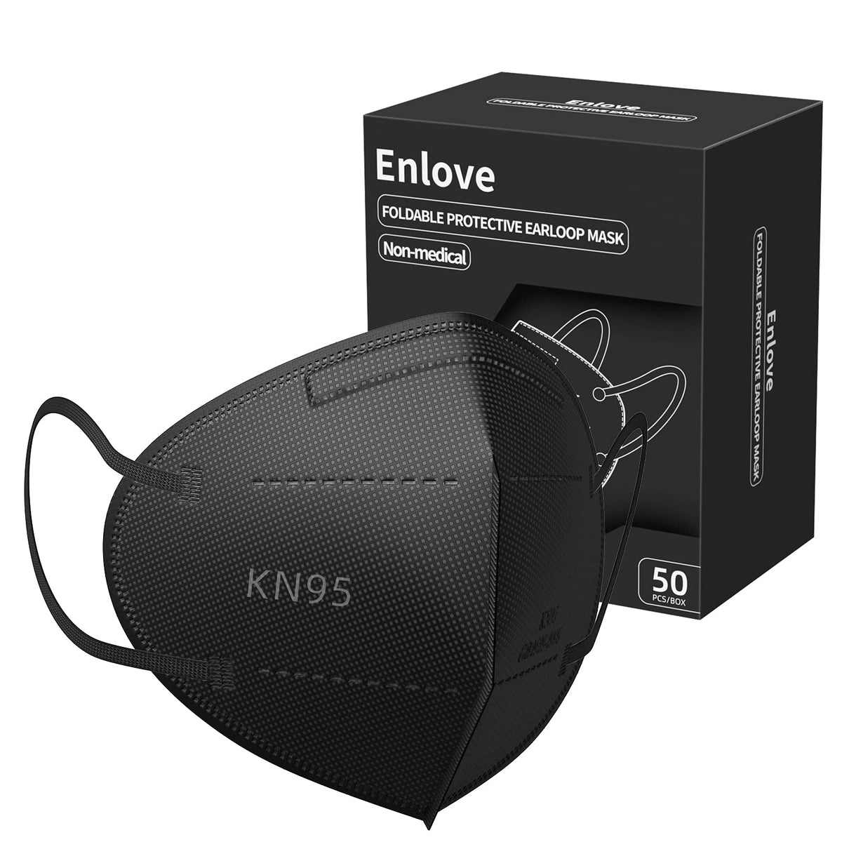 Enlove KN95 mask black 50-pack shows a 5-layer design for enhanced filtration during daily use.