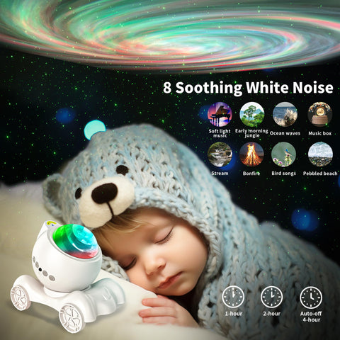 Eight white-noise options support calm focus and relaxed sleep routines