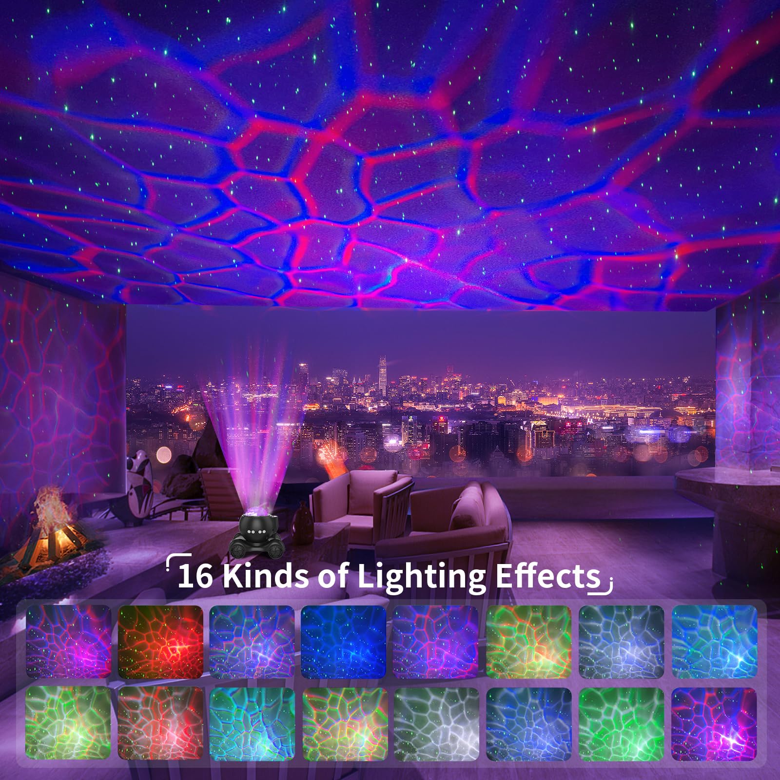 ENOKIK Star Projector Bluetooth speaker provides crisp audio with adjustable volume.