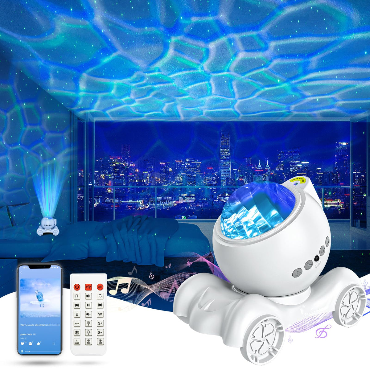 ENOKIK Star Projector demonstrates ceiling projection for immersive room ambiance.