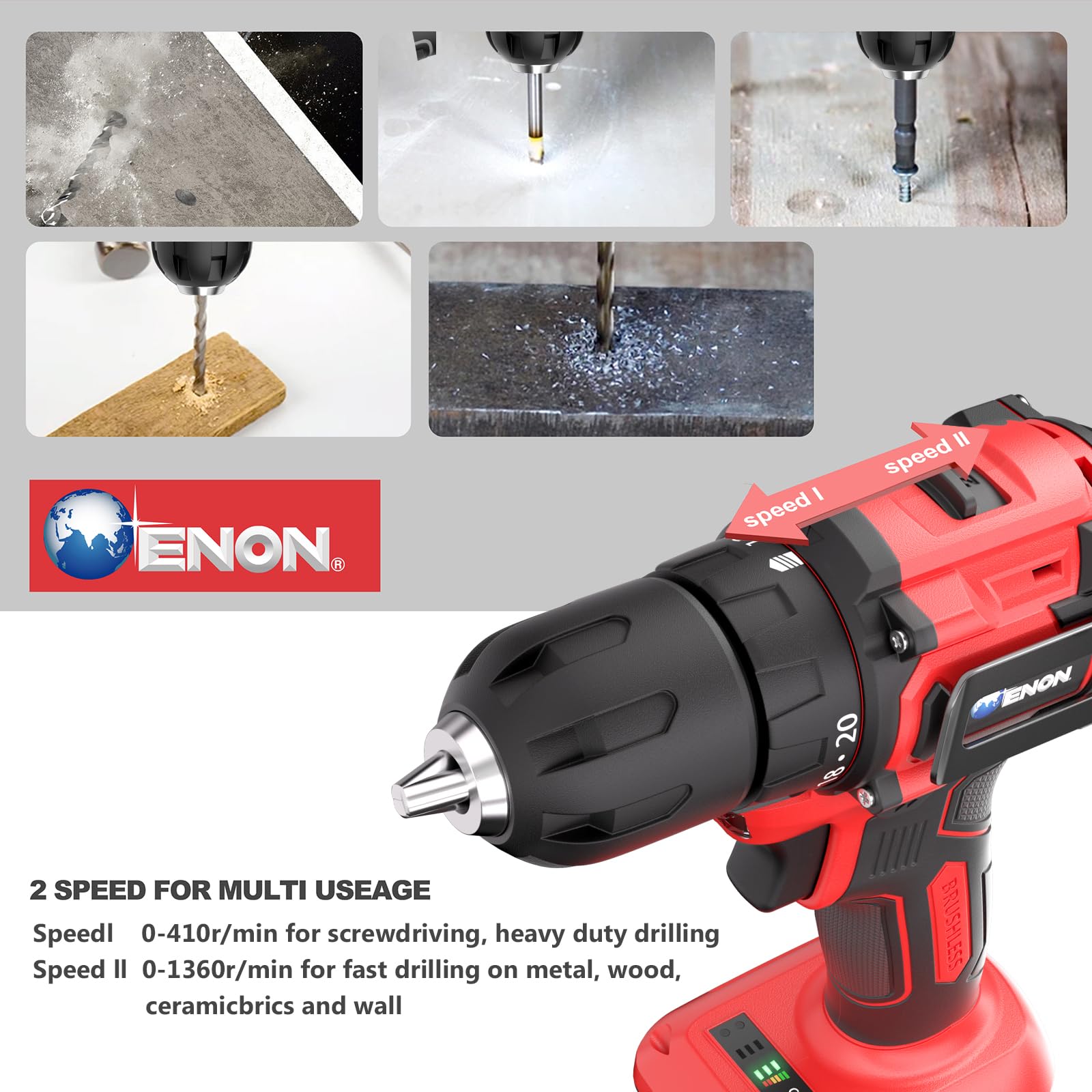 ENON drill close-up shows 3/8'' keyless chuck for fast bit changes.
