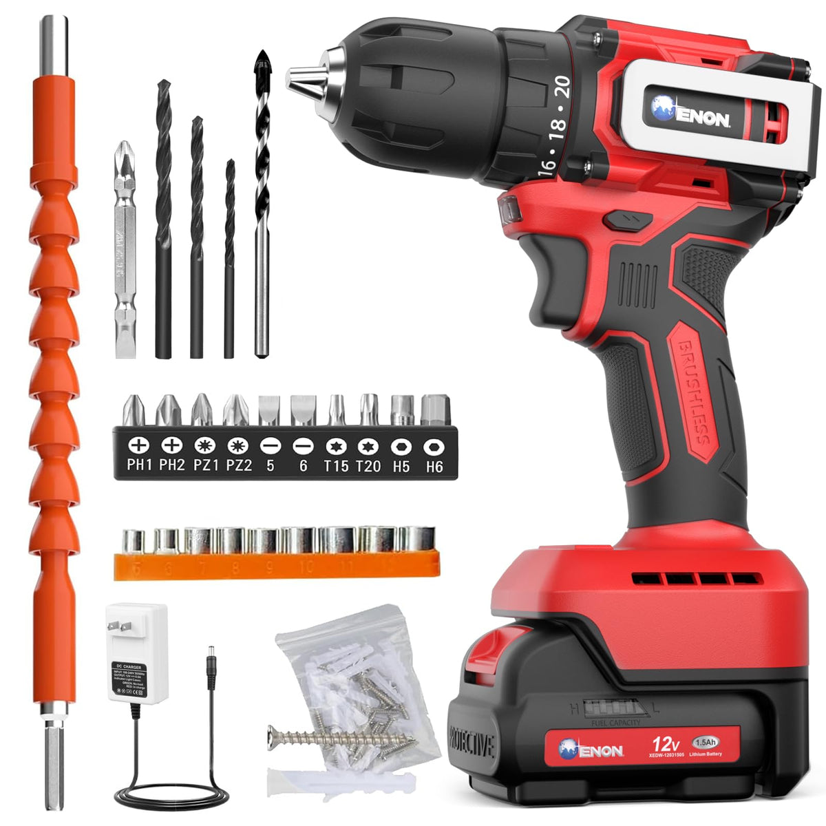 ENON brushless cordless drill set front view shows compact power for home projects.