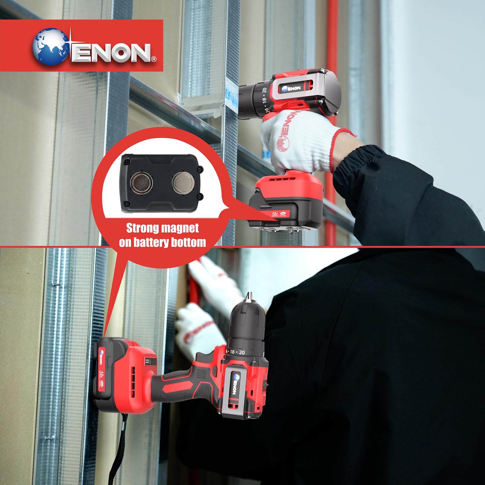 ENON LED work light aids drilling in dark spaces.
