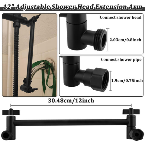 Enoughmen 12-inch shower arm extended view, showcasing adjustable height and angle.
