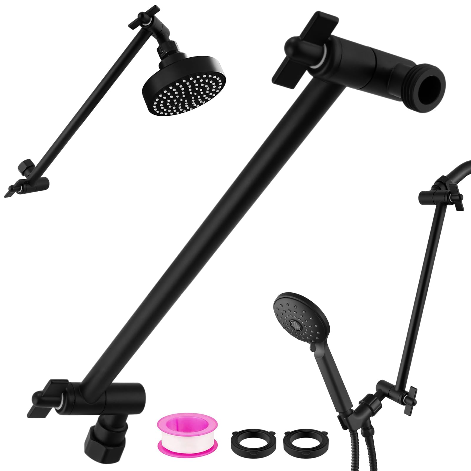 Enoughmen matte black rain shower arm closeup, durable stainless steel finish for longevity.