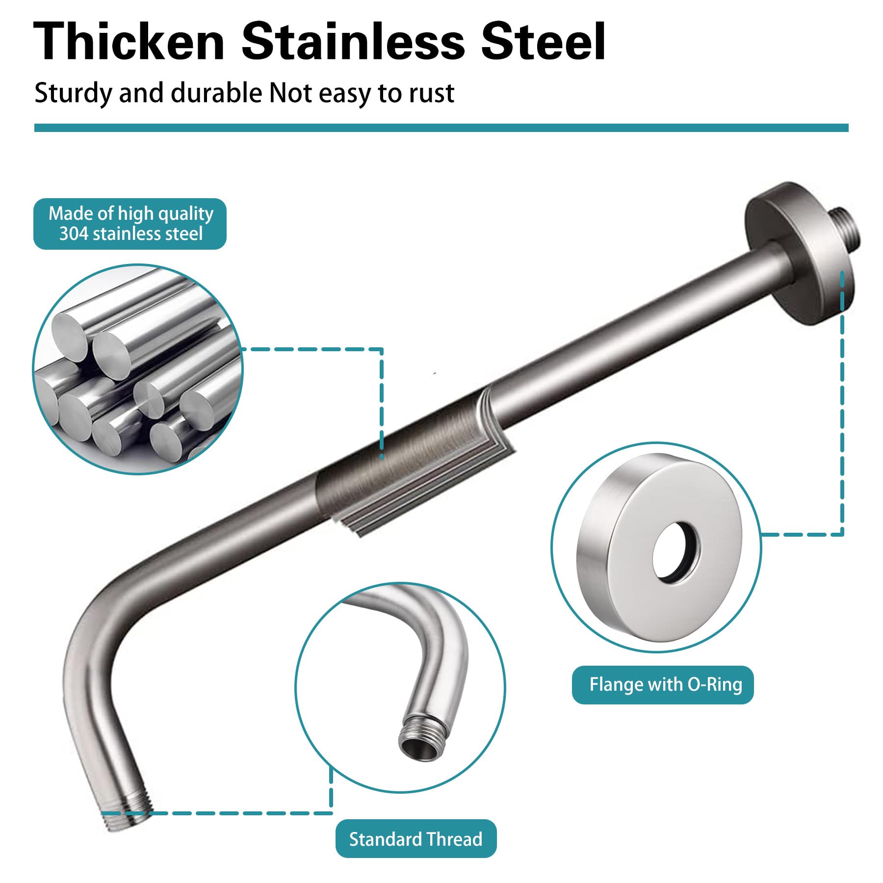 Enoughmen fixed shower head extension helps maintain water pressure and steady spray.