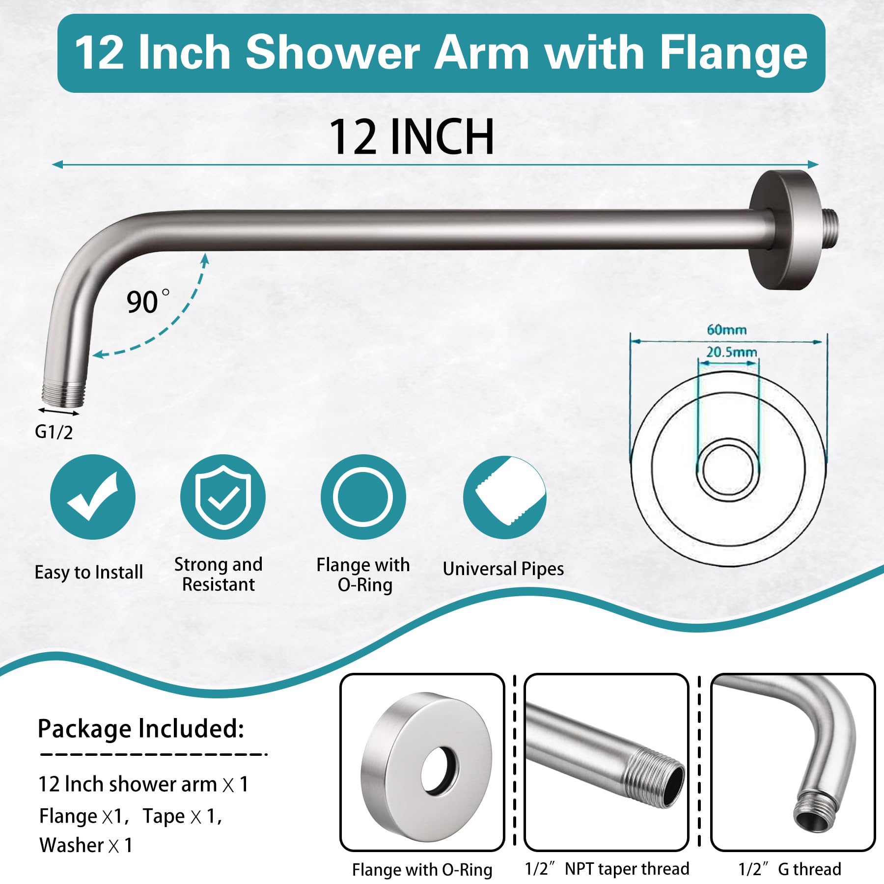Enoughmen stainless steel shower arm provides 90-degree extension for steady rain shower head.