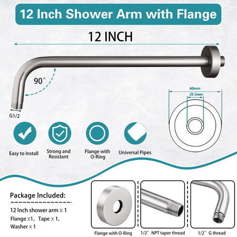 Enoughmen stainless steel shower arm provides 90-degree extension for steady rain shower head.