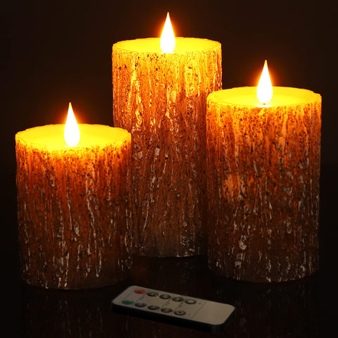 Enpornk flameless candles 5-inch pillar pine create cozy dining ambiance.