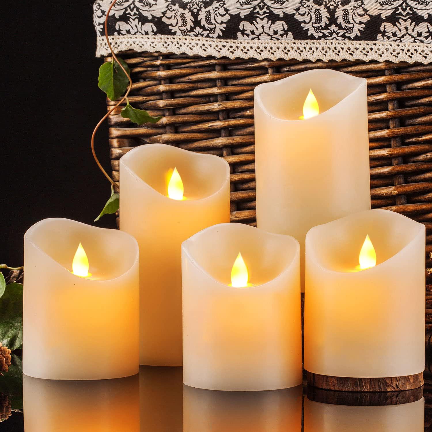 Enpornk flameless candles on 6-inch pillars provide warm, lasting glow.