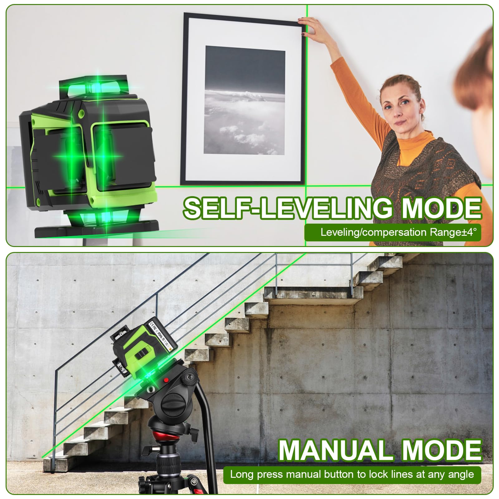 ENRIPRT 16-Line Laser Level displaying active green 360° lines for room-wide leveling