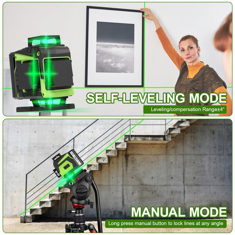 ENRIPRT 16-Line Laser Level displaying active green 360° lines for room-wide leveling