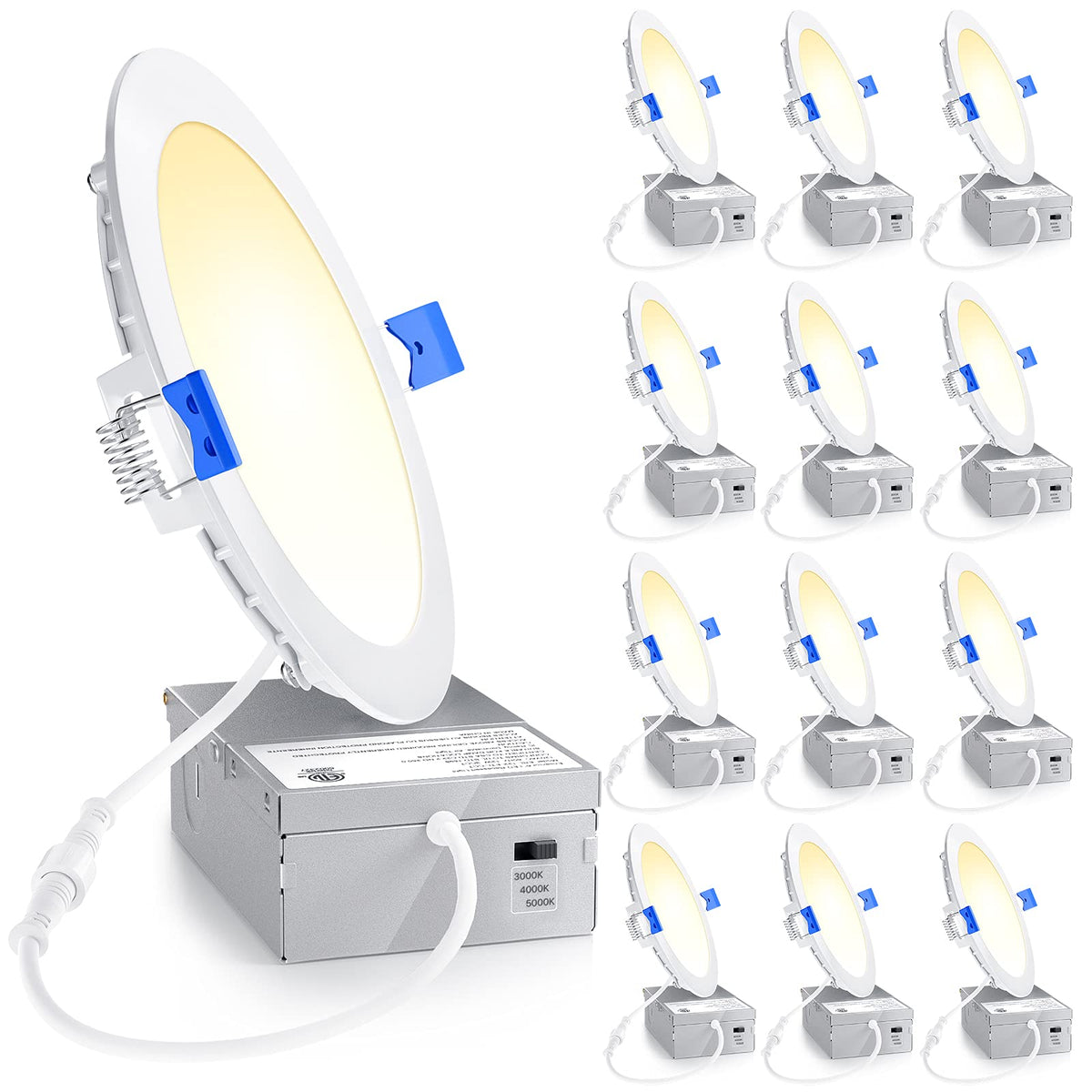 Ensenior 12-pack six-inch LED recessed light pack front view; bright and energy-efficient.