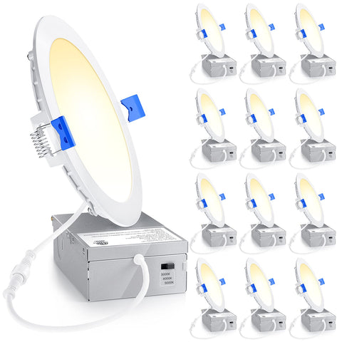 Ensenior 12-pack six-inch LED recessed light pack front view; bright and energy-efficient.