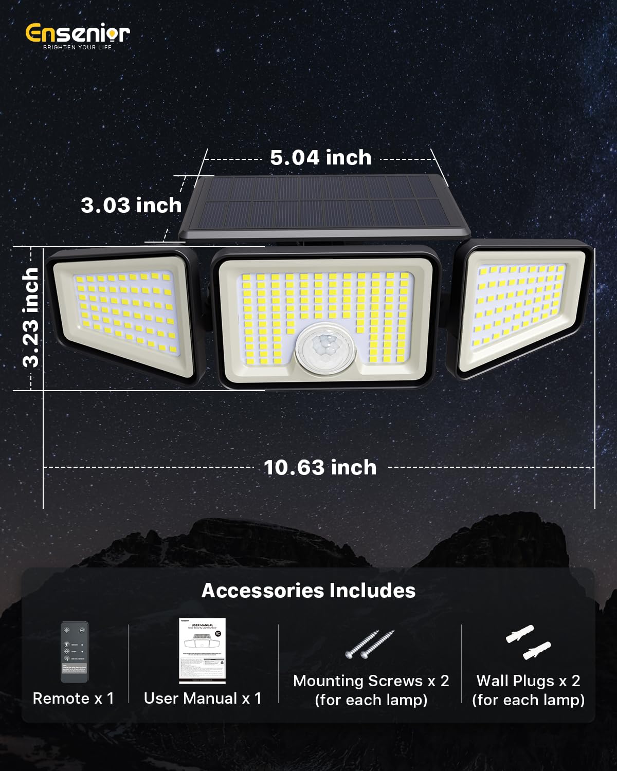 Ensenior two-pack outdoor solar motion sensor lights for scalable security lighting